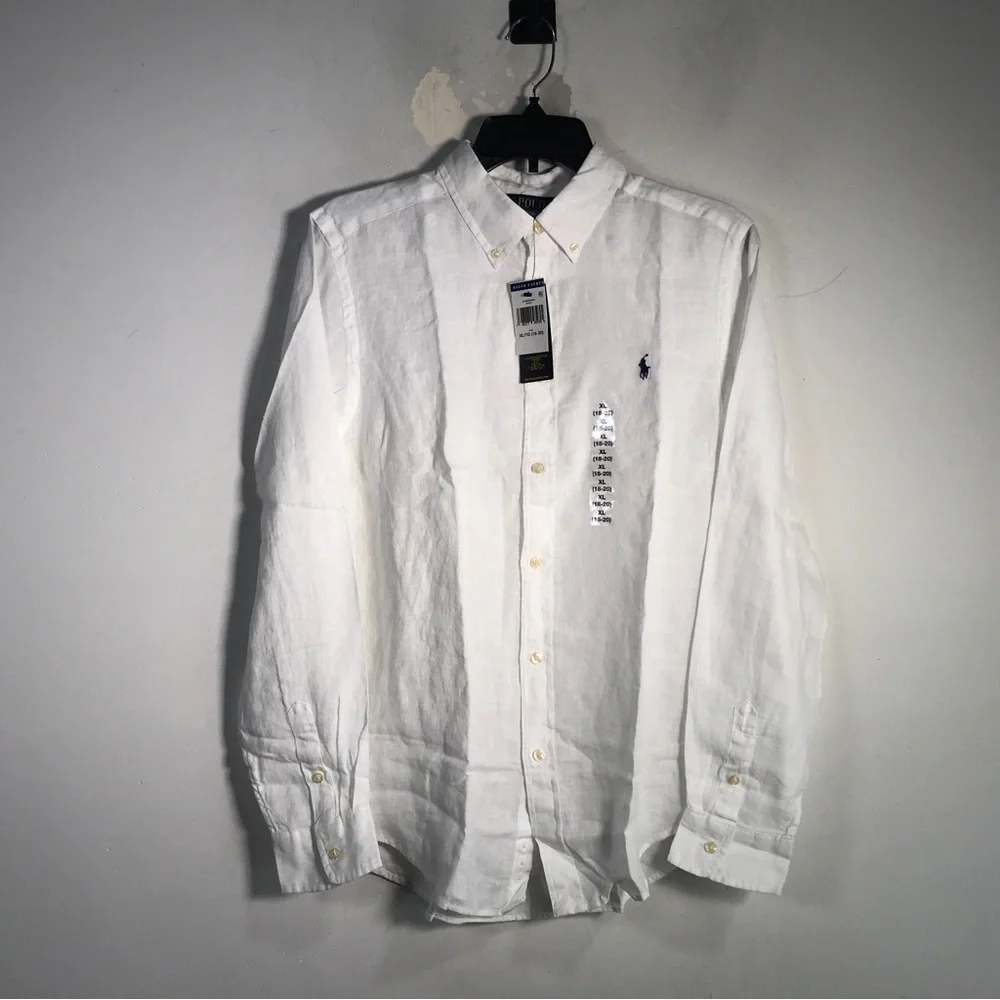 Ralph Lauren Linen Log Sleeve Button Up Shirt, Boy's Size XL 18/20 - White